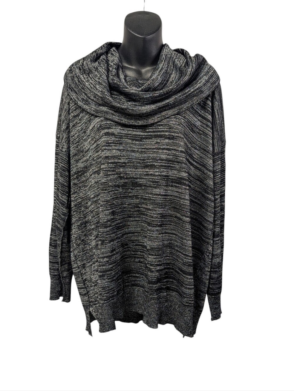 Cupio Women's Plus Size 1X Black Metallic Sparkle Cowl Neck Tunic Sweater